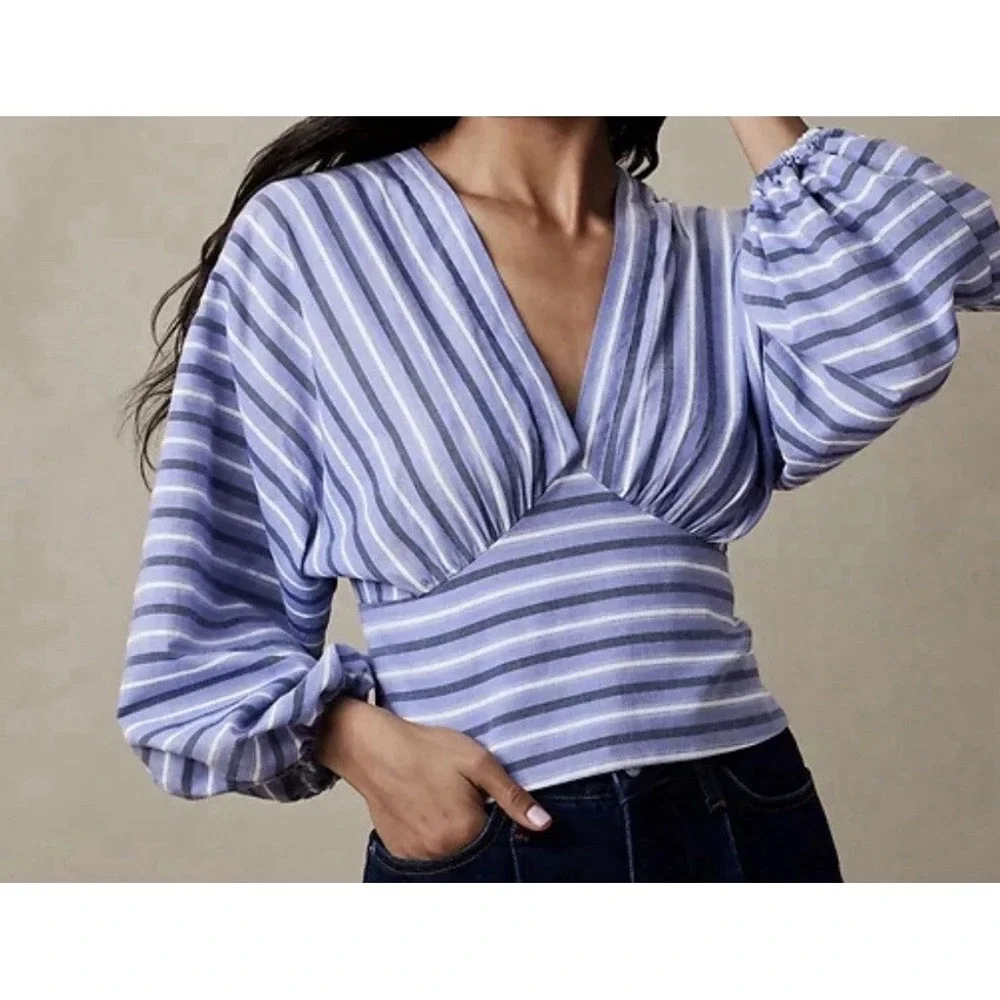 Banana Republic Womens Size 8 Blue‎ Striped Shirred Puff Sleeve Crop Blouse NWT